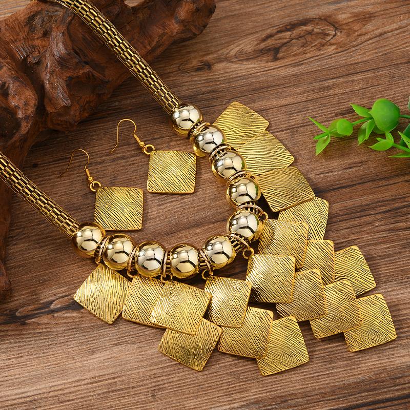 2 PCS European American Fashion Geometric Square Metal Necklace Earring Set Vintage Statement Choker Accessories