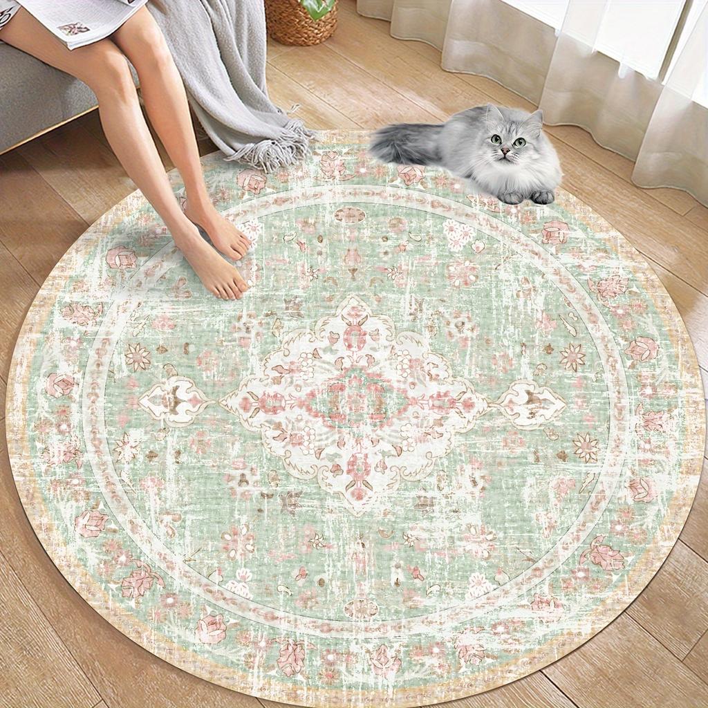 Crystal Velvet carpetBohemian Style Round Area Mat - Vintage Washable Machine-Made Polyester Mat with Non-Slip Rubber Backing,