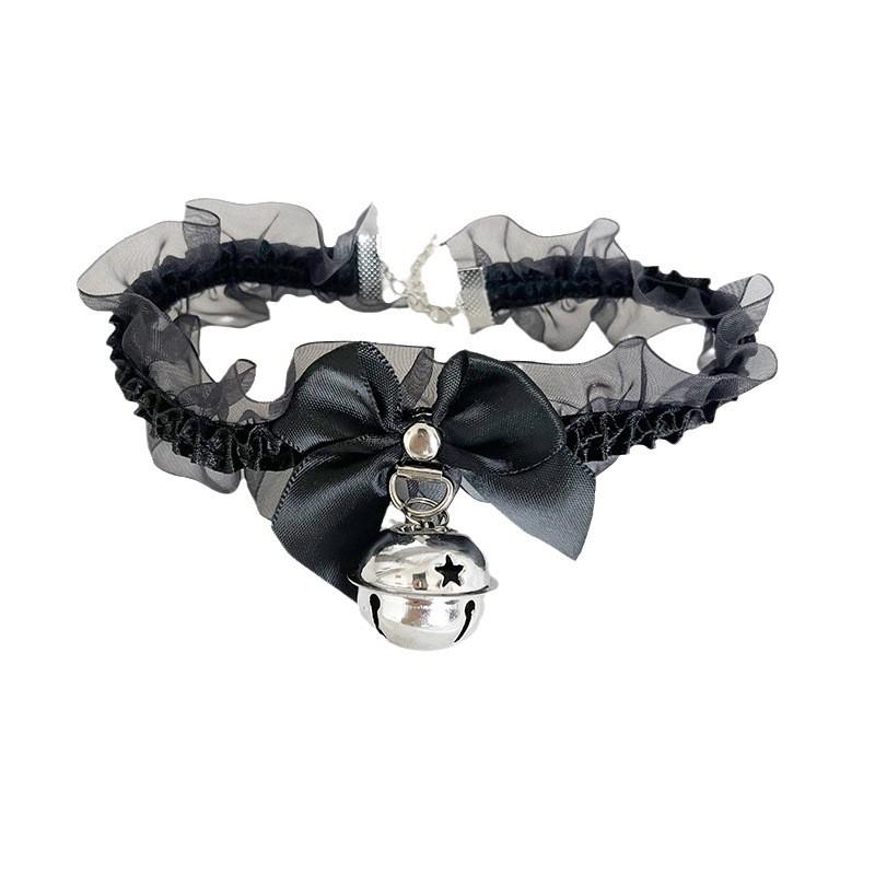 Black Bow Bell Choker Lolita Cute Lace Stretch Wristband Leg Ring Set