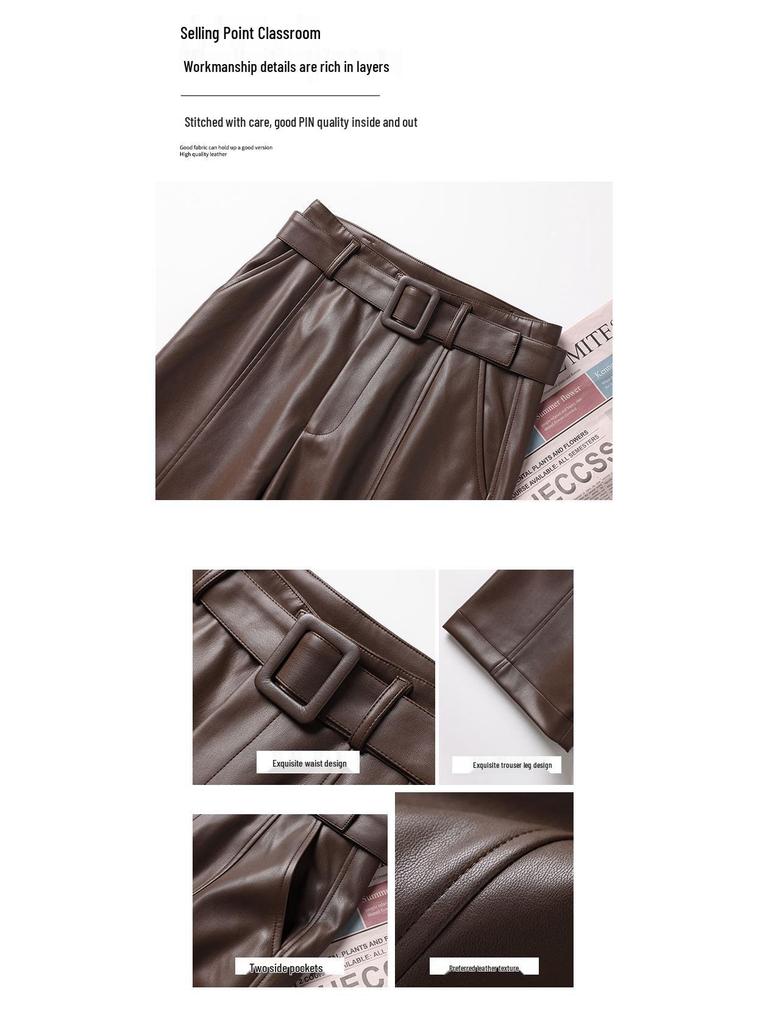 2025 Autumn Winter Women's High Waist Straight Leg Leather Pants, Wide Leg, Plus Velvet, Casual Loose Cropped Fit, Style 514.