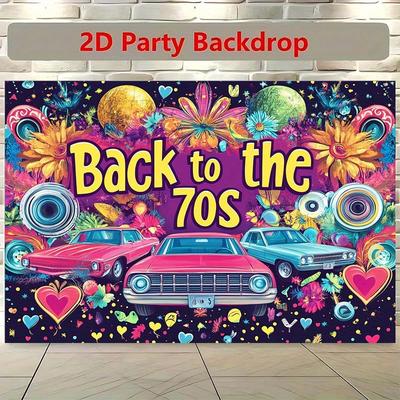 One Vintage 1970s Party Backdrop - Featuring Retro Cars and Vibrant Flowers, Made of Durable polyester.XY