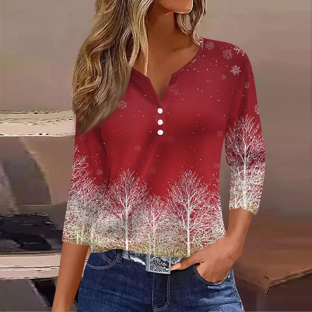 Women's Casual Fashion V-neck Loose Versatile Christmas Print Three-quarter Sleeve Top