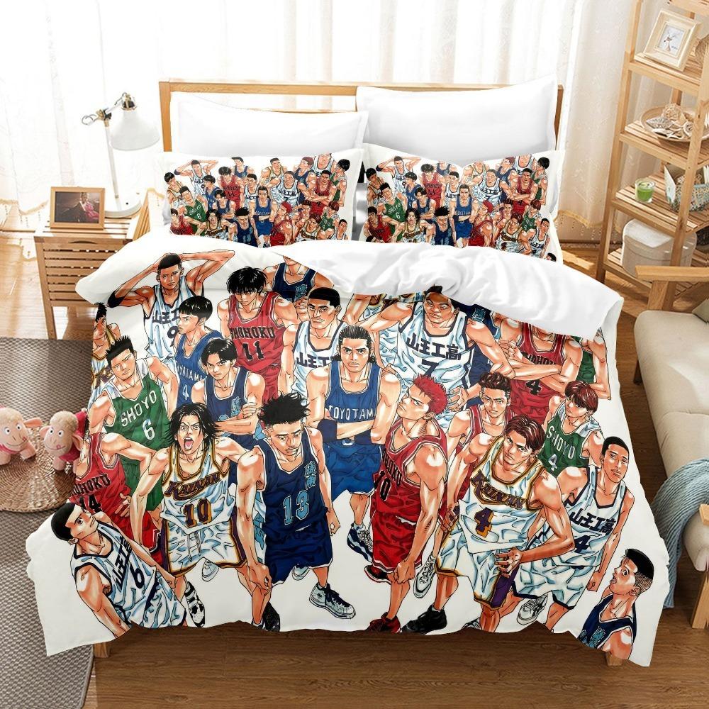 Anime Basketball Theme Microfibre Bedding Sets, Children's Bed Linen with Zip Room Decor Duvet Cover for Teenagers Adult 3-Piece