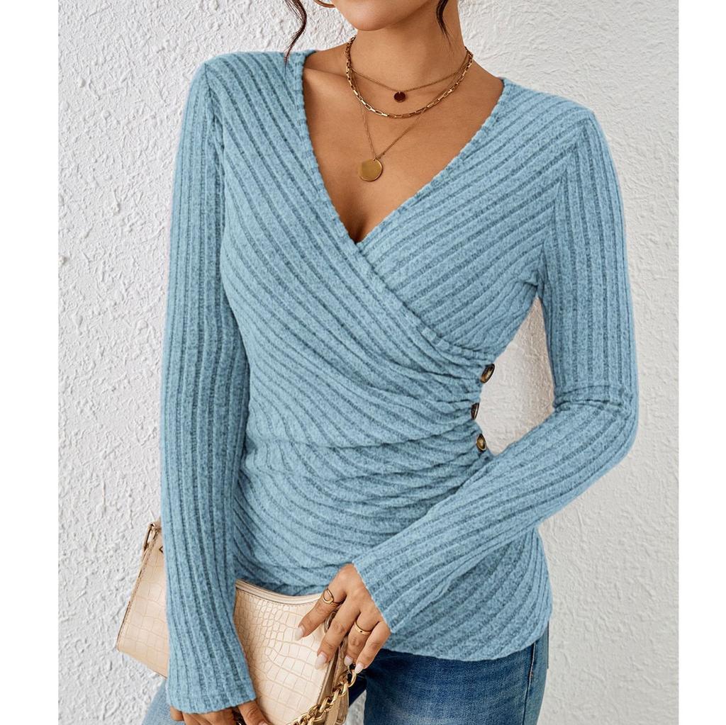 Damska swobodna, uniwersalna bluzka z dekoltem w serek, jednolitym kolorem i klapami, dopasowana, z długim rękawem, luźna bluzka z długim rękawem