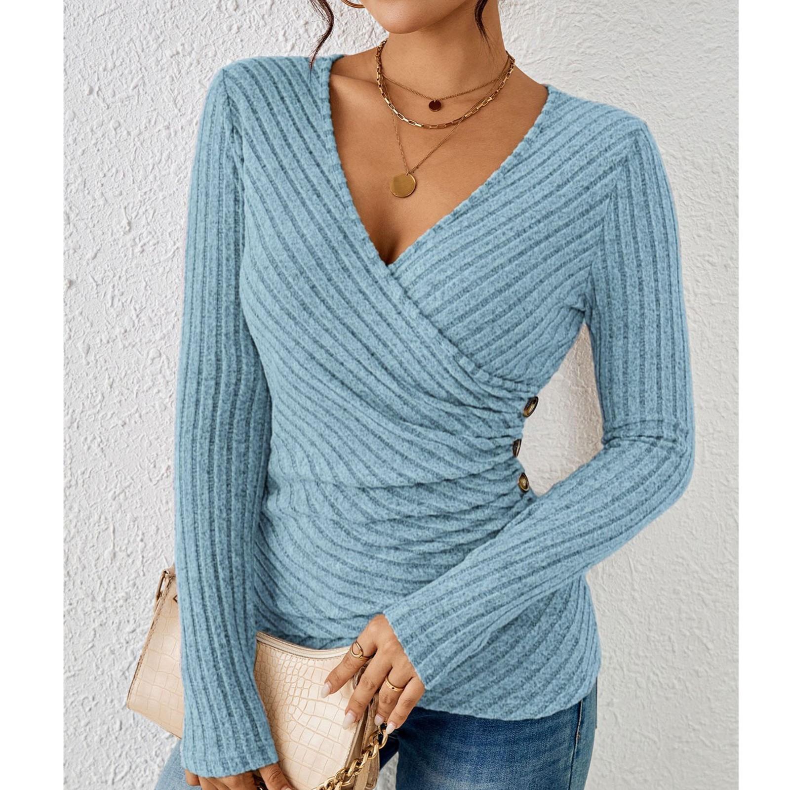 

Женский повседневный универсальный топ с V-образным вырезом, однотонный, с лацканами, с длинными рукавами, свободный топ с длинными рукавами L светло-синий