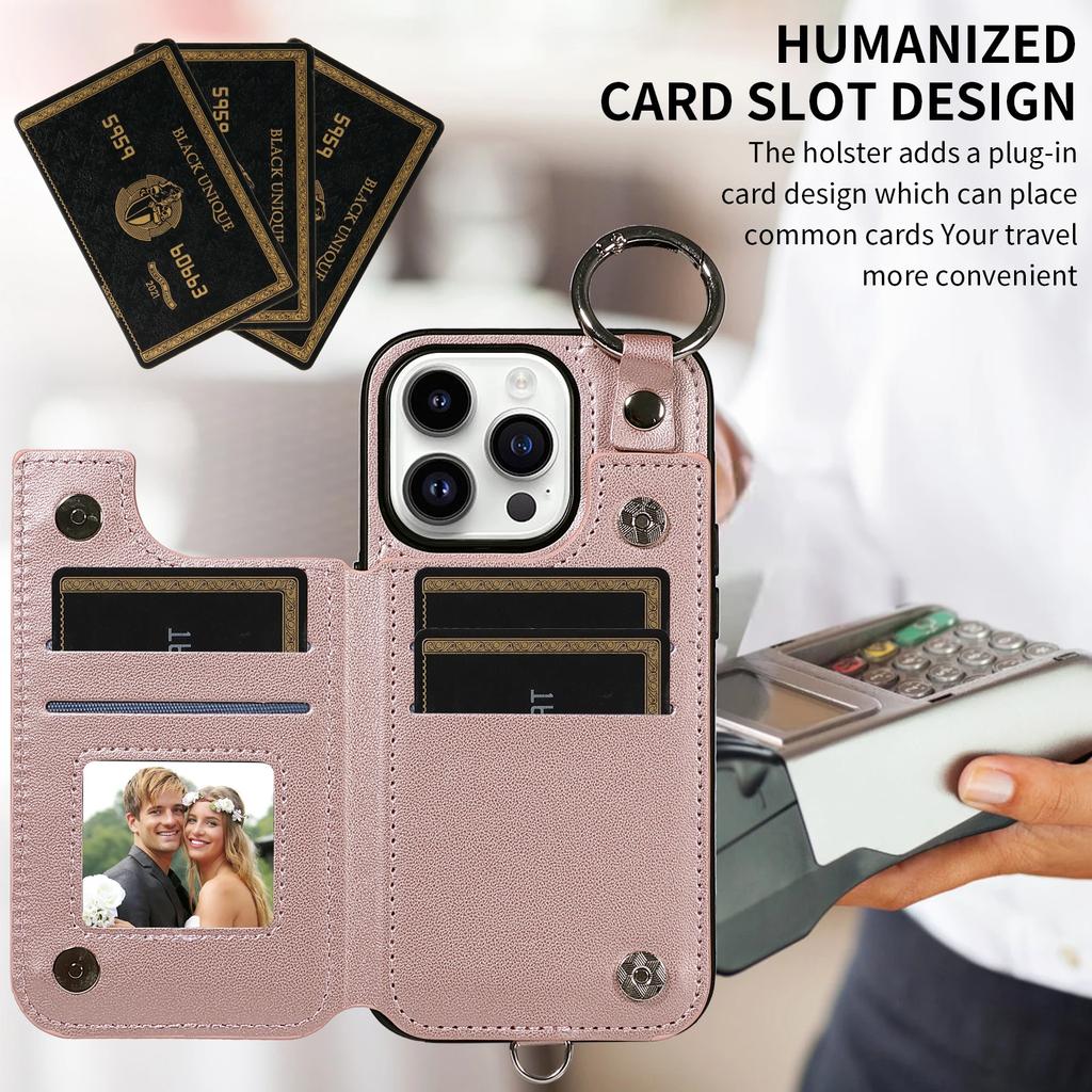 Porta Anelli Carte Slot Portafoglio Custodia in Pelle per iPhone 16 Pro Max 15 14 Plus 13 12 11 SE2022 Cinturino a Mano Tasca Borsa Custodia Profumata