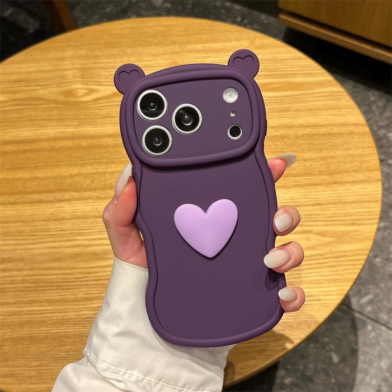 Cute Bear Ear Protective Case for iPhone 11/13/14/15/16/17 Pro with Heart Design