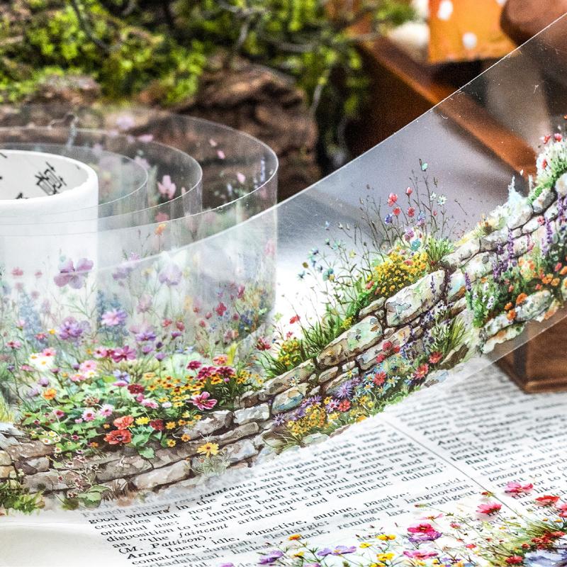 2 Roll PET Tape Green Field Flower Wall Series Sealing Stickers Album Diary Decoration Phone Case Sticker Notebook Accessories