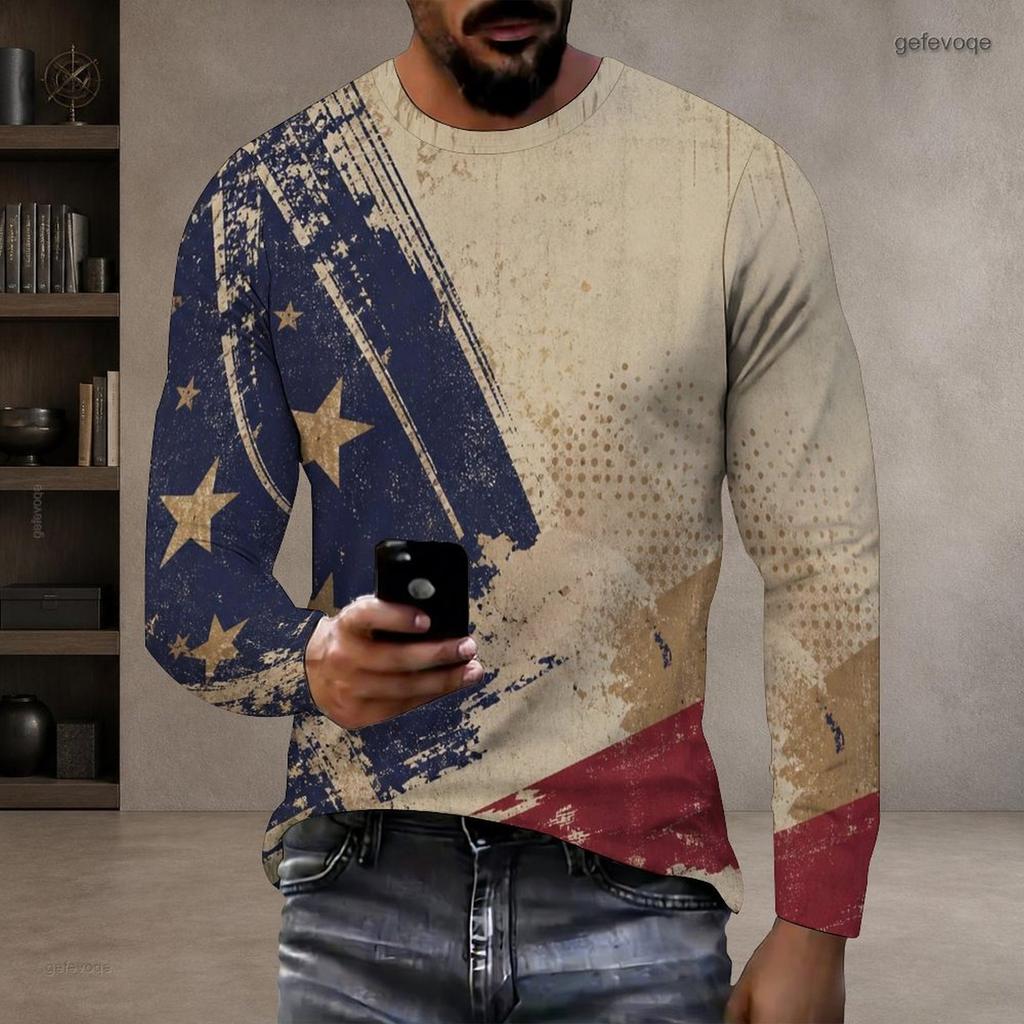 Men S Plus Size Round Neck Long Sleeve Vintage American Flag Printed Pullover T Shirt Straight Hem