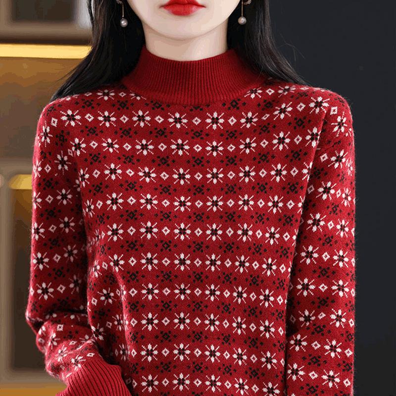 Svetr s polovičním rolákem Dámský Podzimní a zimní Květinový Ležérní Pletený svetr Top Módní Volný Nadměrný Pulovr