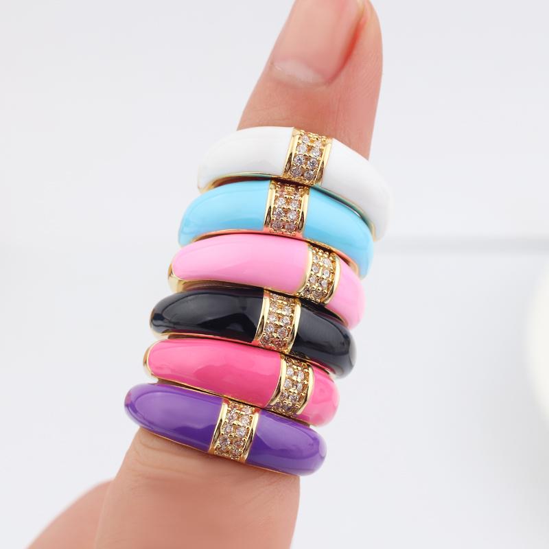 6 Colors Simple Style Colorful Enamel Ring Paved With Shiny Rainbow Cubic Zircon Stone Fashion Wed Engage Ring For Women