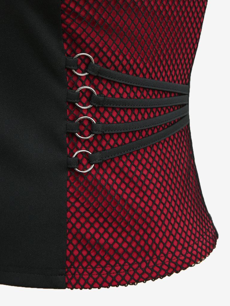 Rosegal Gótico Plus Size Painel de Rede Zíper Cruzado Alças de PU com Tiras Top Regata Fivela com Ilhós