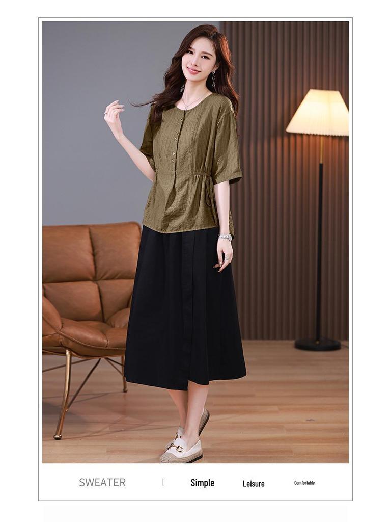 2025 Summer Fashion Tencel Two-Piece Set: Age-Reducing Mom Casual Blouse & Loose Midi Skirt