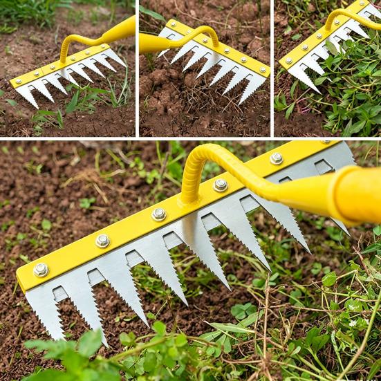 Weeding Rake with High Carbon Steel Teeth Wooden Handle Garden Weed Remover Lightweight Weeder Tool