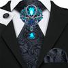 Mens Fashion Black Tie with Brooch Formal Silk Necktie Hanky Cufflink Set