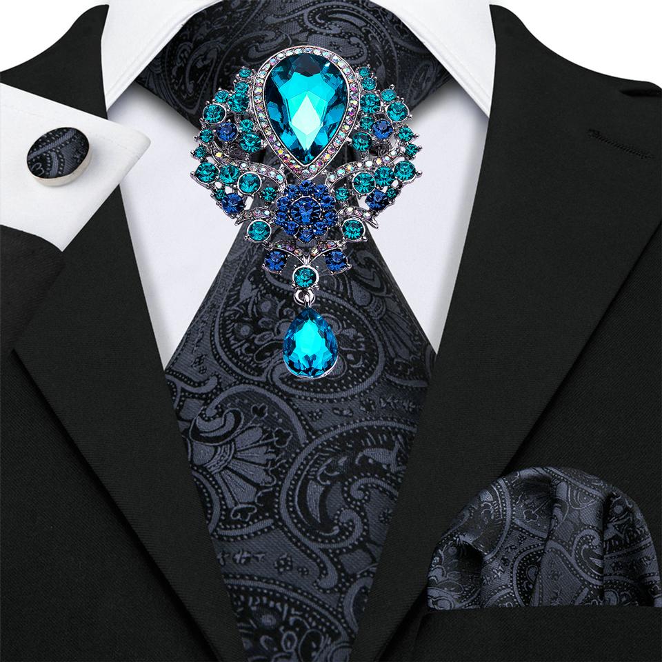 Mens Fashion Black Tie with Brooch Formal Silk Necktie Hanky Cufflink Set