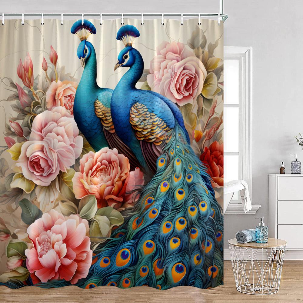 Peacock Shower Curtain Beautiful Blue Bird Pink Flower Tree Chinese Style Elegant Bath Curtain Modern Bathroom Decor with Hook