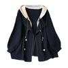Women Jacket Fake Two-piece Drawstring Double-breasted Long Sleeves Cardigan Contrast Color Jacket