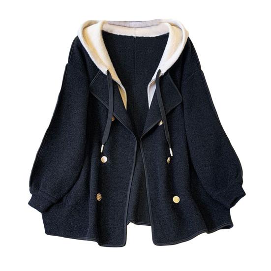 Women Jacket Fake Two-piece Drawstring Double-breasted Long Sleeves Cardigan Contrast Color Jacket