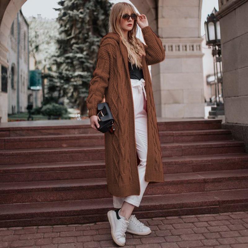 Autumn and Winter New Solid Color Hooded Long Cardigan Sweater Women's Twist Knitted Sweater