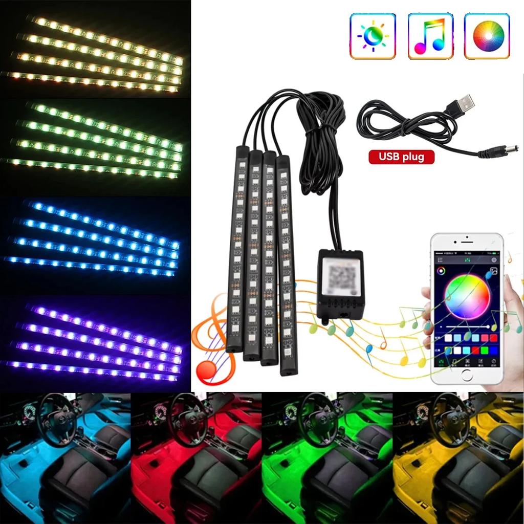 Universal Car RGB Ambient Lights LED Strip Interior Atmosphere Lamp 8 Colors Decorative Music APP Control Automobile Accessories