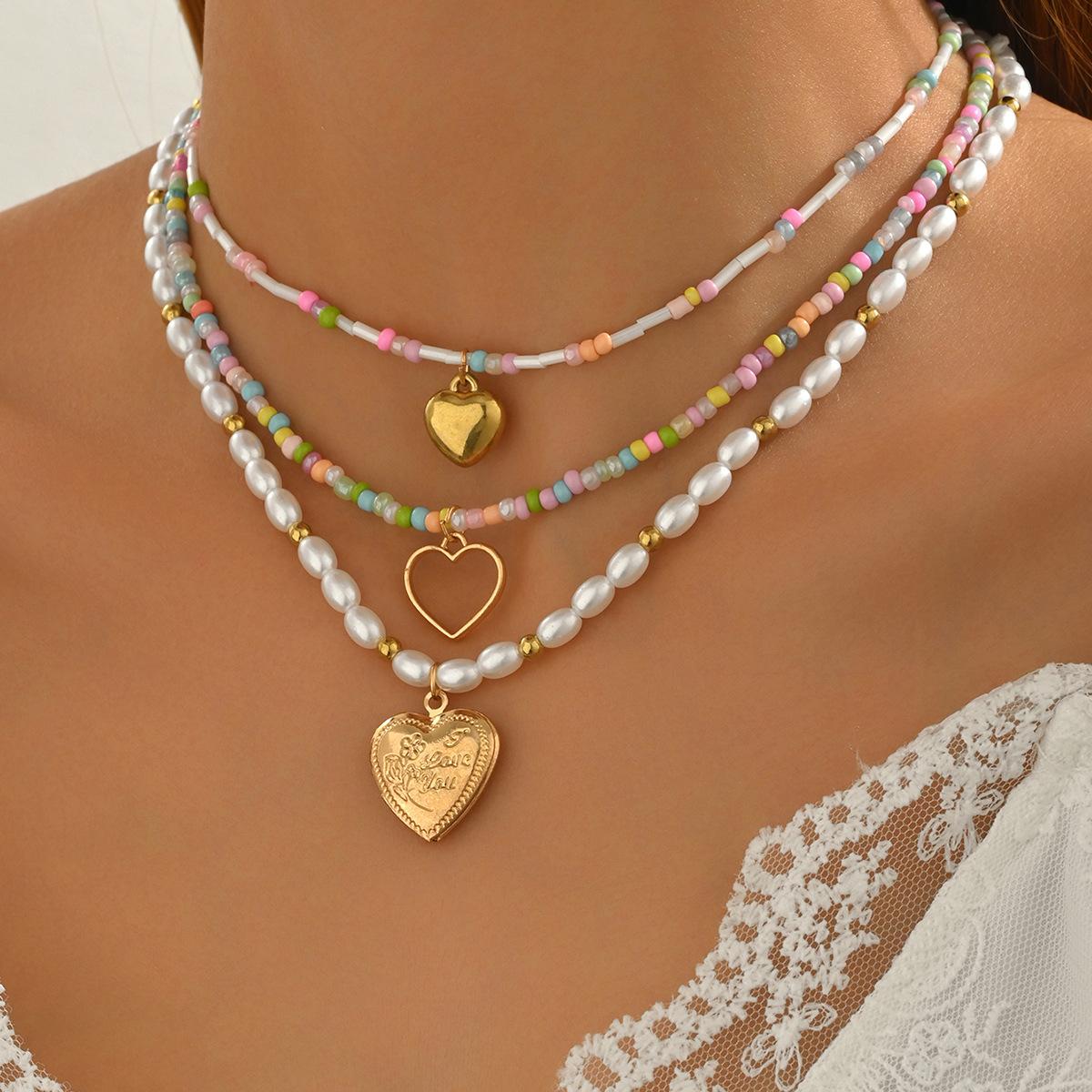 European and American Bohemian Love Pendant Necklace Multi-layered Color Beaded Imitation Pearl Clavicle Chain