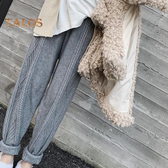 Women Harem Pants Elastic High Waist Adjustable Drawstring Knitting Pants Solid Color Loose Fit Rhombus Texture Long Trousers