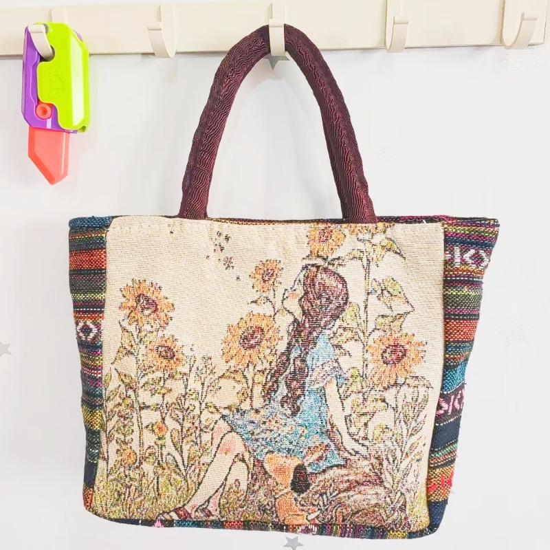 Canvas bag, women's large-capacity double-sided embroidered animal handbag, mommy bag, go shopping, handbag