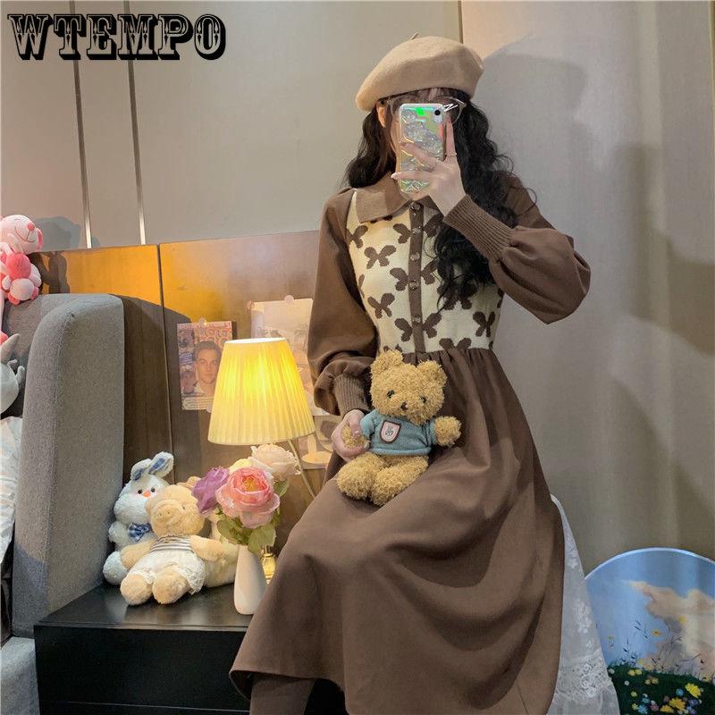 Spring and Autumn Women's Dress Retro Polo Neck Dress Color-blocking Design Slim Waist Small Versatile Medium Length A-line Dress