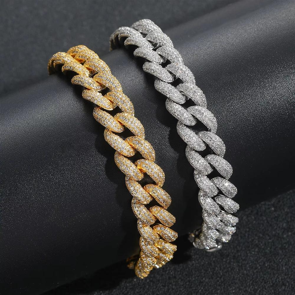 Hip Hop Jewelry 12mm Bling CZ Iced Out Miami Cuban Chain Bracelet 14K Gold Plated Cuban Bracelet for Women Men
