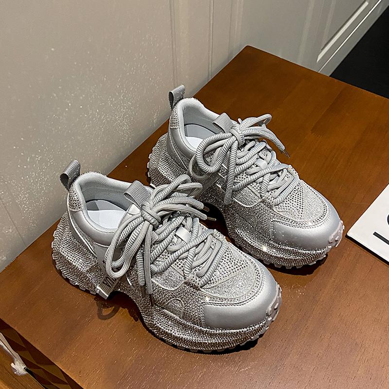 Fashion 8cm Luxury Designer Platform Chunky Sneakers Full Diamond Shoes Non-slip Water Diamond Casual Skateboard Shoes Zapatos De Mujer