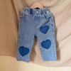 Spring Girl Baby Patch Love Jeans Retro Boy Children Pockets Casual Pants Loose Kid Cotton Trousers Toddler Denim Pants