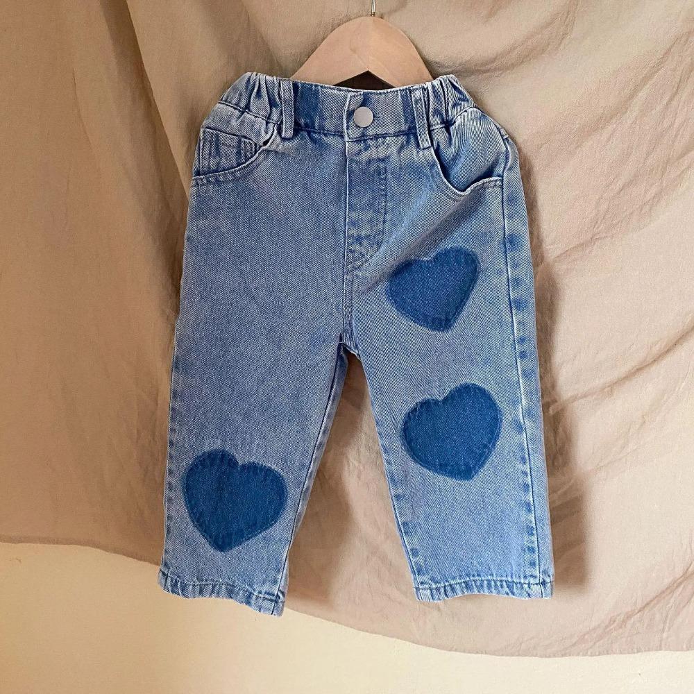 Spring Girl Baby Patch Love Jeans Retro Boy Children Pockets Casual Pants Loose Kid Cotton Trousers Toddler Denim Pants