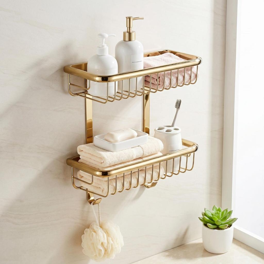 Lavatory Rack with Wire Baskets Brushed Wall Storage Basket SpaceSaving WallFixed Shower