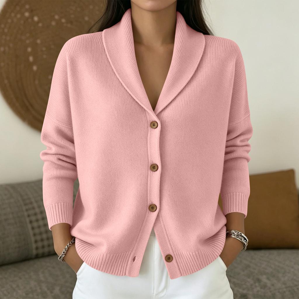 Women's Casual Oversized Knit Cardigan with Lapel Collar and Long Sleeve Button Front