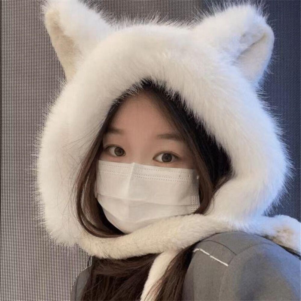 Plush Ear Protection Hat Warm Plush Fox Ears Hat Outdoor Bucket Hat Women