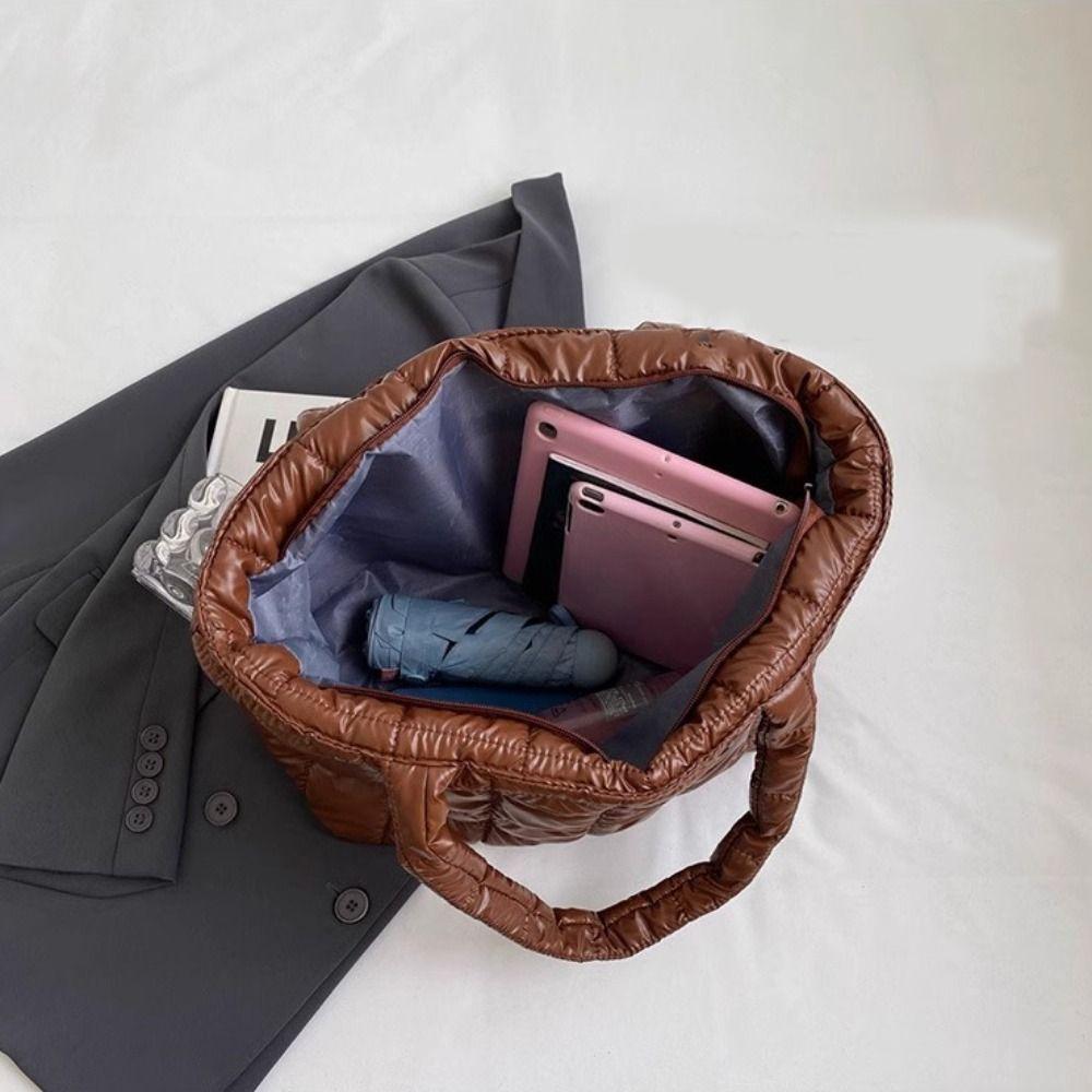 Checkered Down Cotton Shoulder Bag Korean Style Puffy Bag Cotton-padded Tote Bag  Office Worker