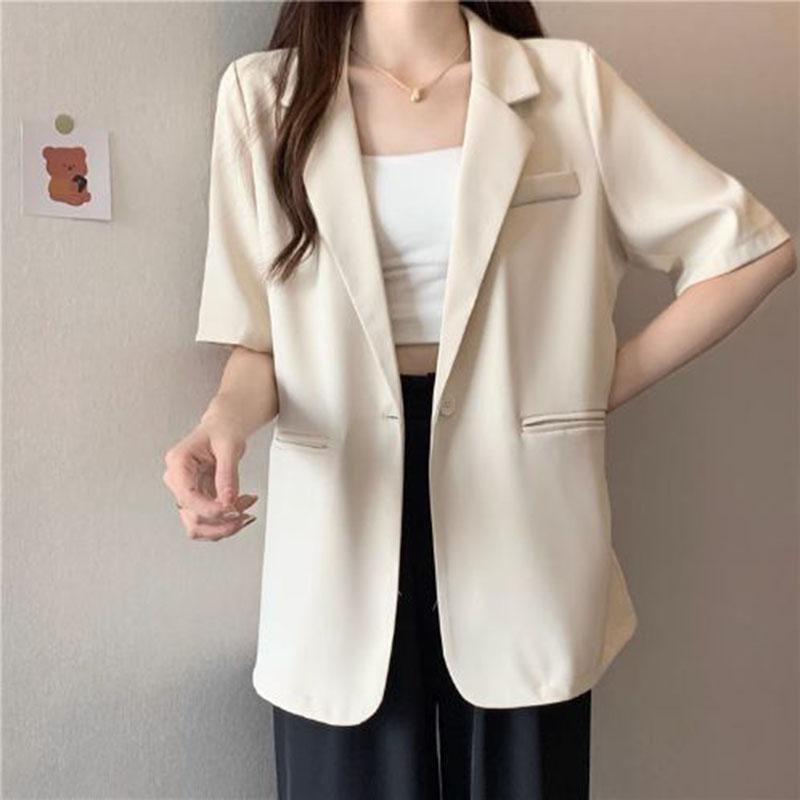 

Летний белый пиджак с короткими рукавами, женская куртка с одной пуговицей и воротником-стойкой, свободный женский офисный костюм, пальто L абрикосовый