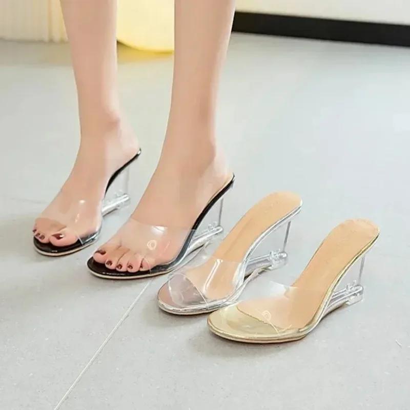 Shoes for Women 2025 New Fashion Slip-on Women's High Heels Crystal Wedge Shoes Female Peep Toe Casual Sandals Woman Slippers