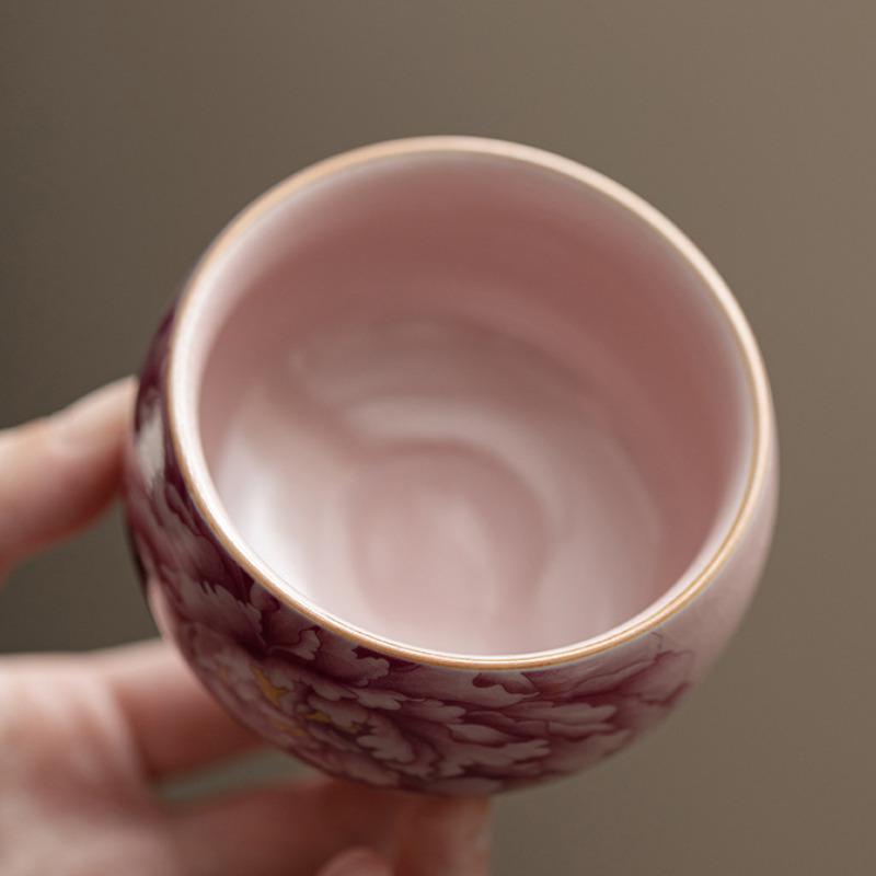 80ML Antikrosa Pfingstrose Ru-Ofen Teetasse Antike Teeschale Set Tassen Persönliche Tasse Jianzhan Blütentee Haushaltsgeschirr