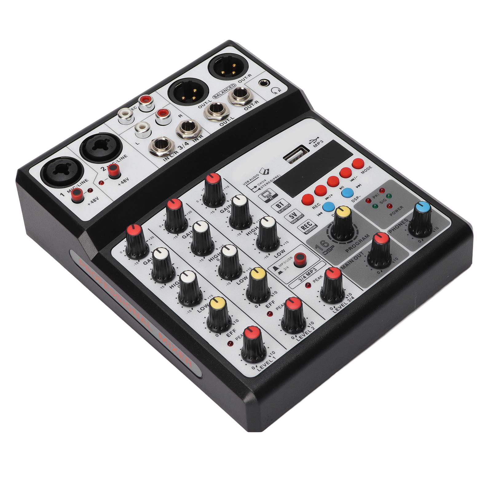 

BMG‑04D 4-канальный микшер 48 В фантомное питание стерео запись 4-канальный микшерный пульт 100‑240 В белый EU Plug чёрный