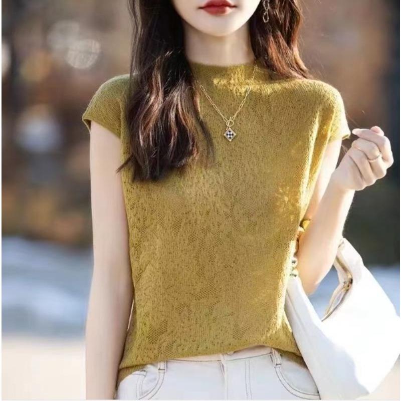 Women's Half High Neck Knitted T-shirt Base Half Sleeve Slimming Knitted T-shirt