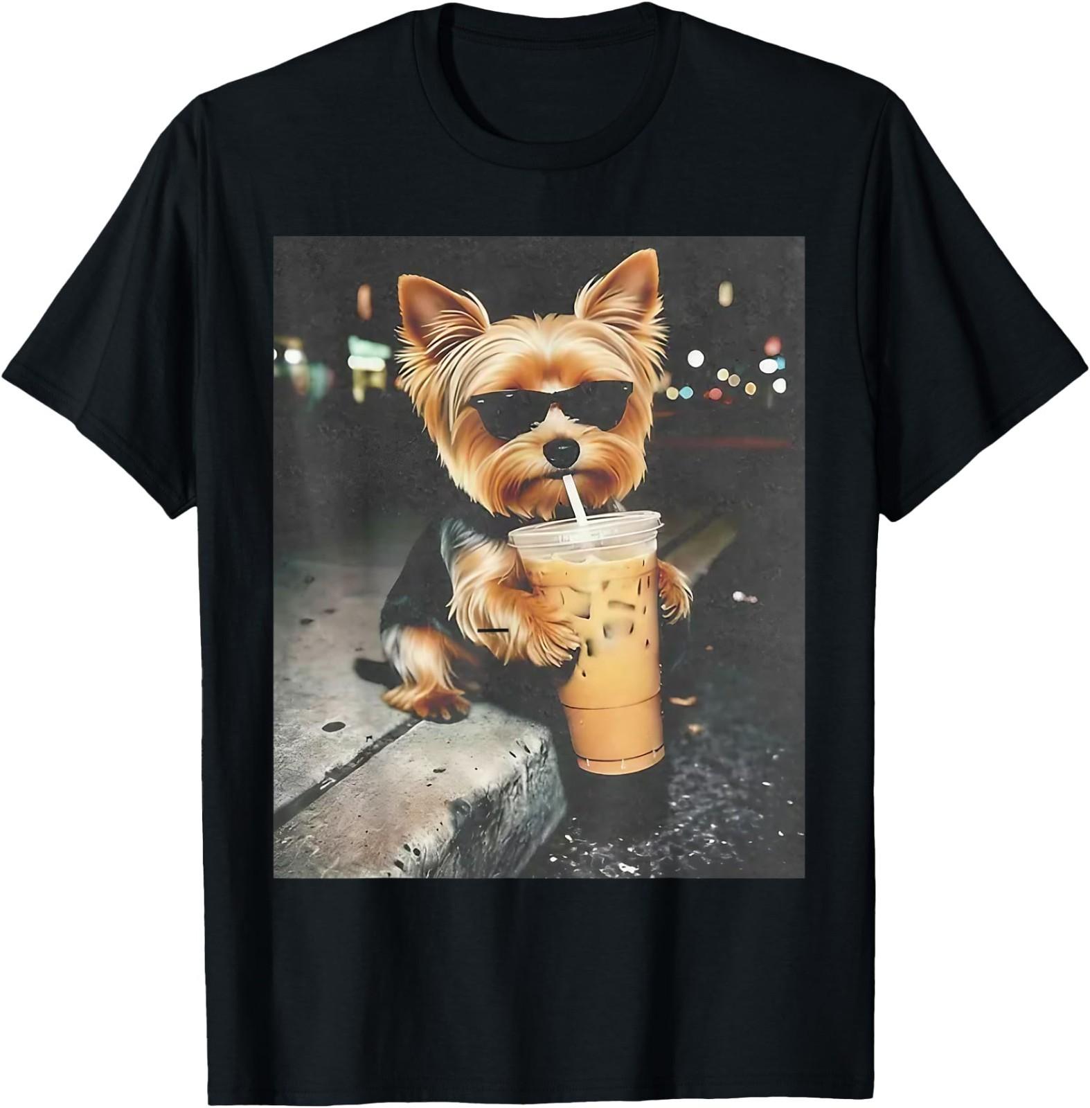 Funny Yorkie Drinking Iced Coffee Cute Dog Meme Humor UNISEX T-Shirt,Gildan 5000 S разноцветный