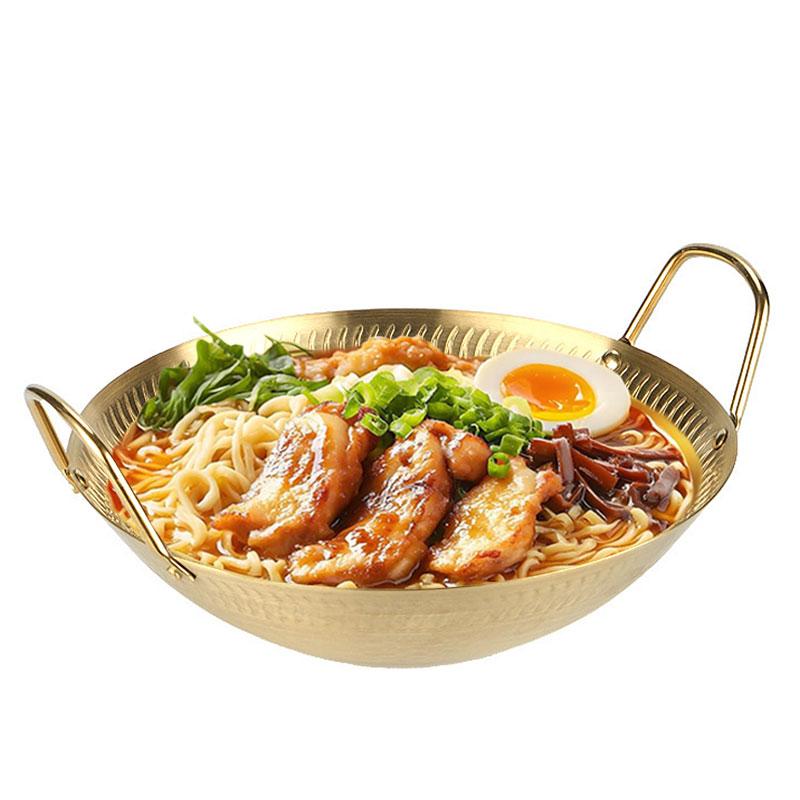 Roestvrijstalen Anti-aanbak Wok Grillpannen met Dubbele Handgrepen Ronde Braadschaal Gouden Platen Schaal voor Thuis Kamperen