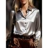 Damen Vintage Stil Langarm Satinbluse Mit Leopardenmuster Colorblock Design