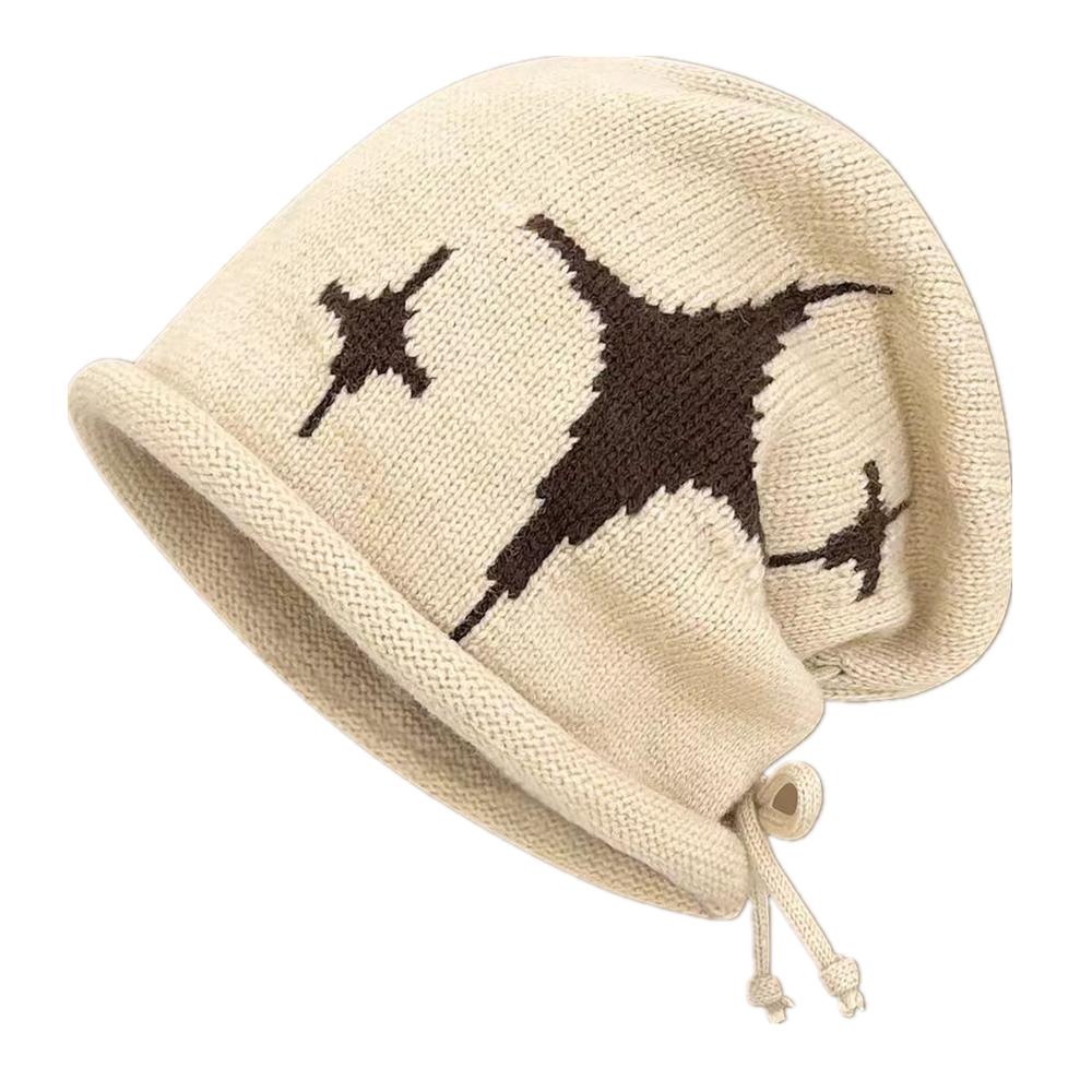 Woman Loose Beanie Hat Casual Drawstring Design Pile Hat Female Streetwear Outdoor Fashion Winter Knitted Hat