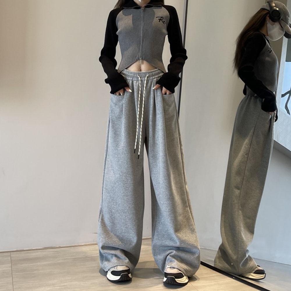 Women's White Casual Pants Trousers High Waist Cargo Sports Drawstring Baggy Wide Leg Pants For Women Streetwear Sweatpants