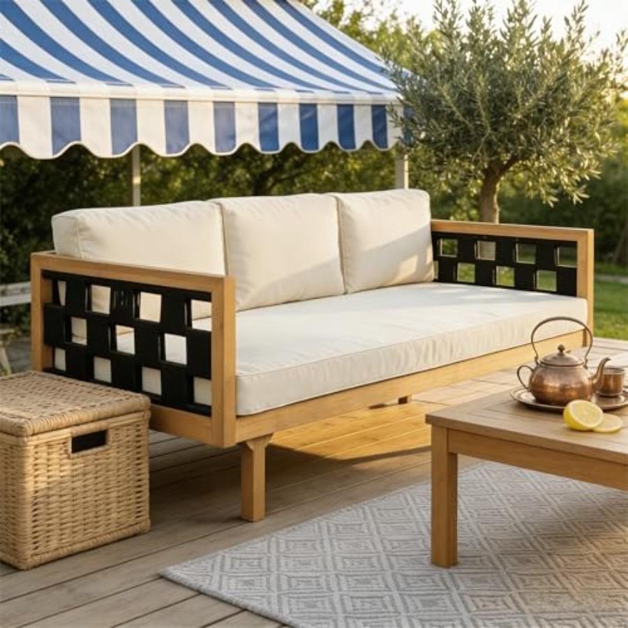 Rosie Acacia Wood Outdoor Daybed Sofa with Water-Resistant Cushion, Solid Wood Patio 3 Seater Sofa Couch, Patio Garden Lounge S