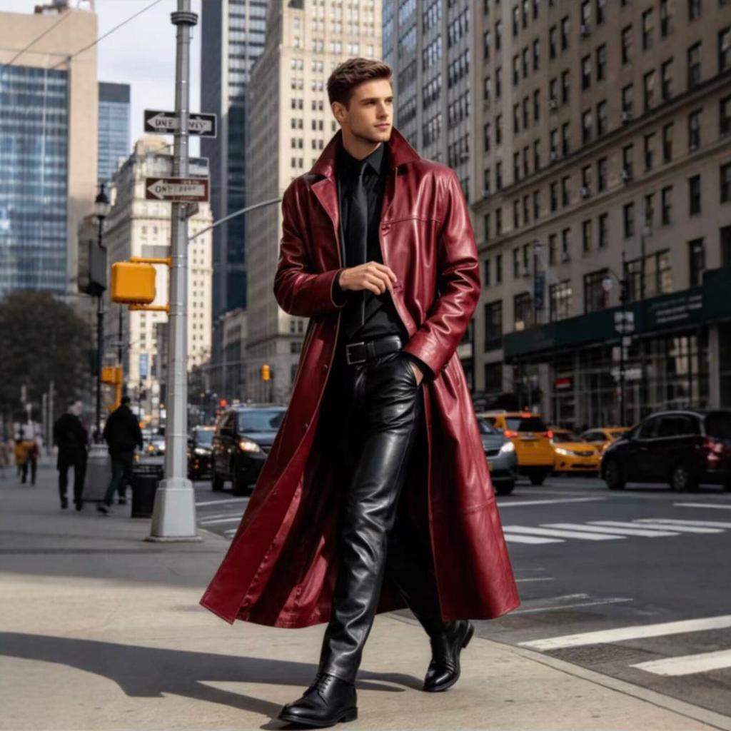 New European and American men's long PU leather trench coat suit collar business casual knee leather coat jacket men's clothing
