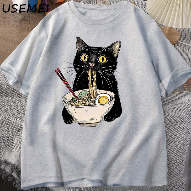 Noodle Lamian Noodles Cat Tshirt Gourmet Lover Black Cat Noodle Retro Casual Tshirt 2026 Summer Mens Womens Cotton Tshirt S